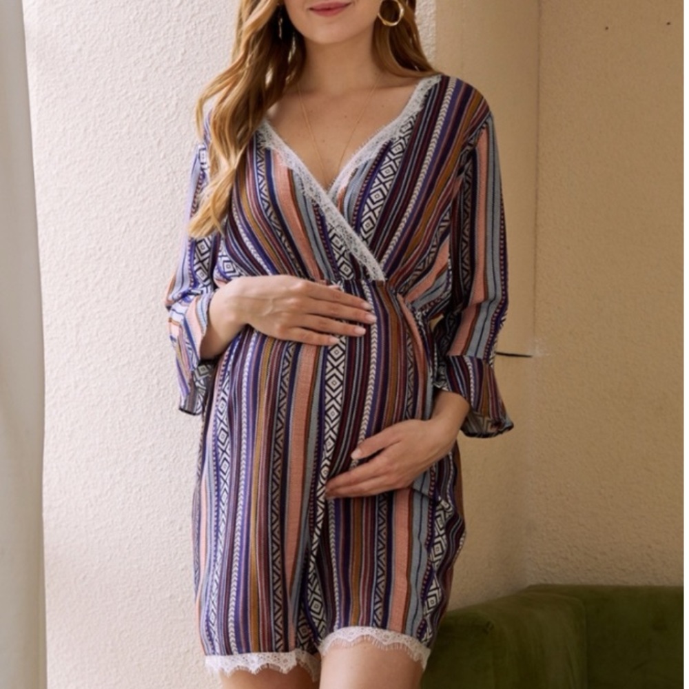 Bohemian Print Bell Cuff Sleeve Maternity Romper Size Medium